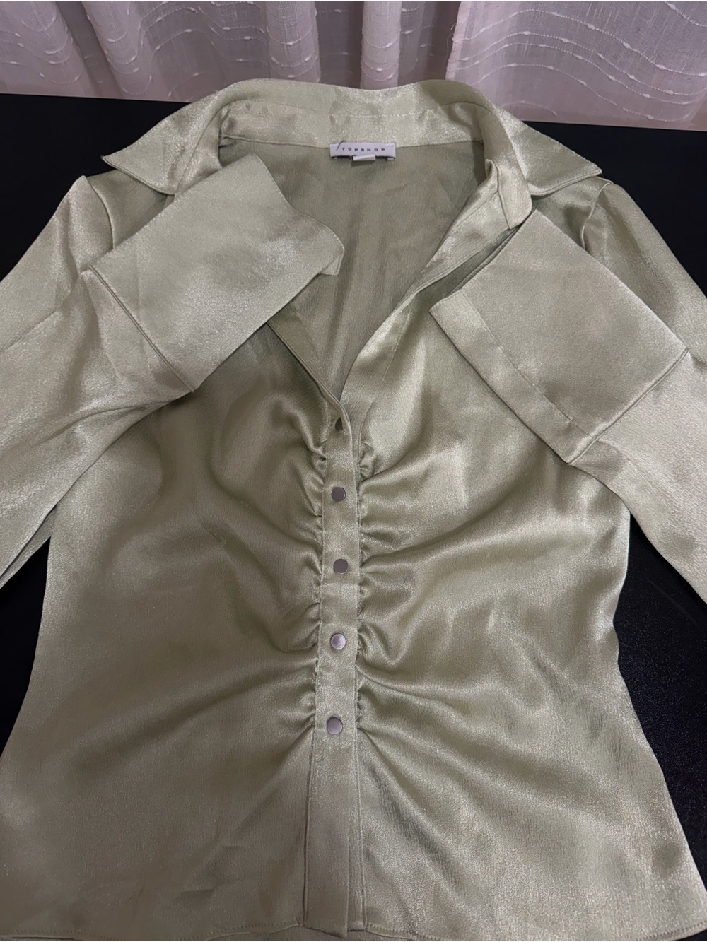 Topshop light Green Satin Ruched Button-Down Shirt